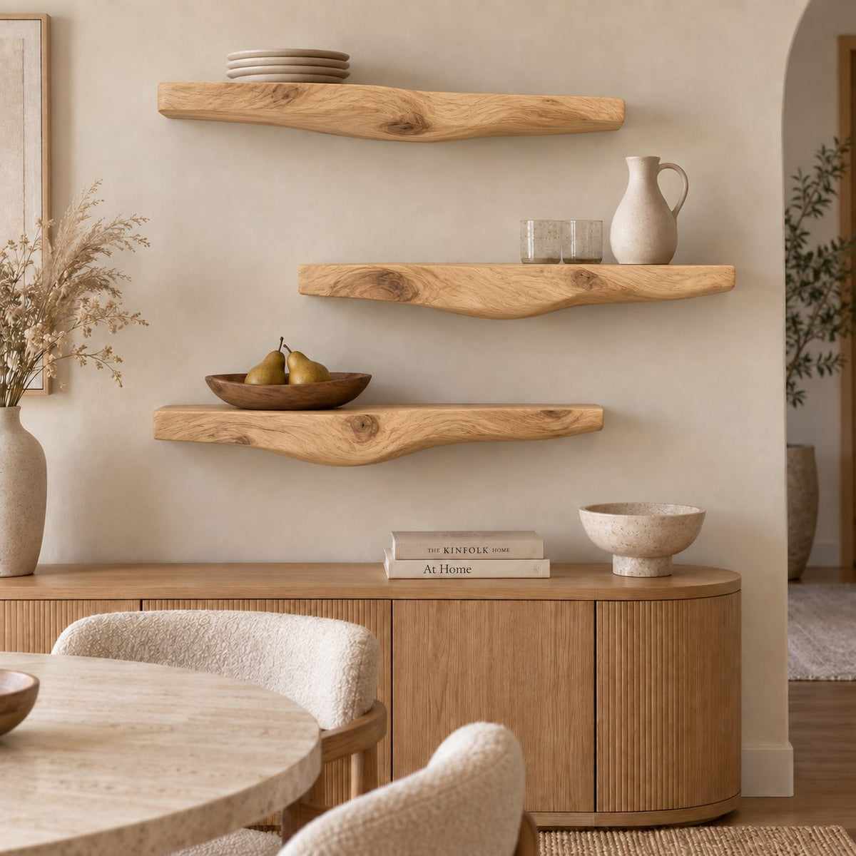 Sculptural Live Edge Wall Shelf, Carved Curved Underside Solid Wood Floating Shelf