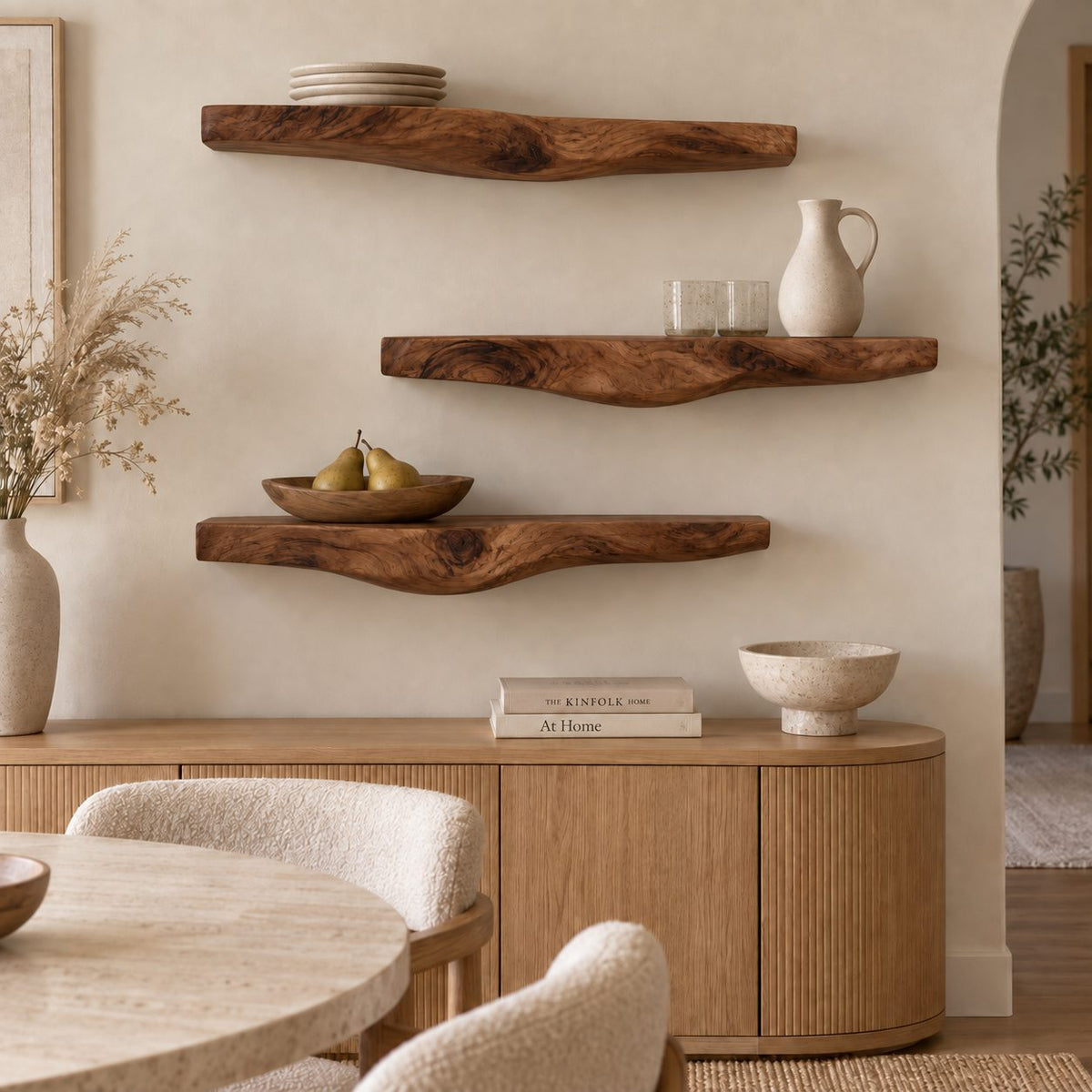 Sculptural Live Edge Wall Shelf, Carved Curved Underside Solid Wood Floating Shelf