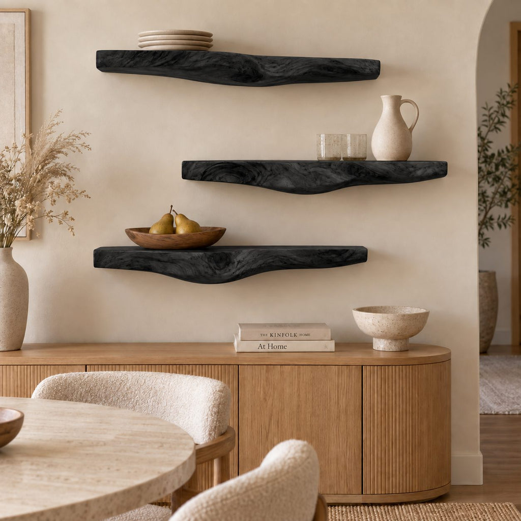 Sculptural Live Edge Wall Shelf, Carved Curved Underside Solid Wood Floating Shelf