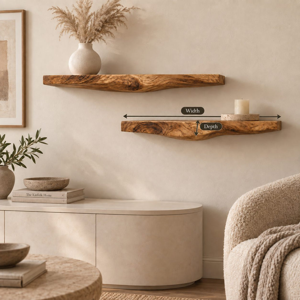 Sculptural Live Edge Wall Shelf, Carved Curved Underside Solid Wood Floating Shelf