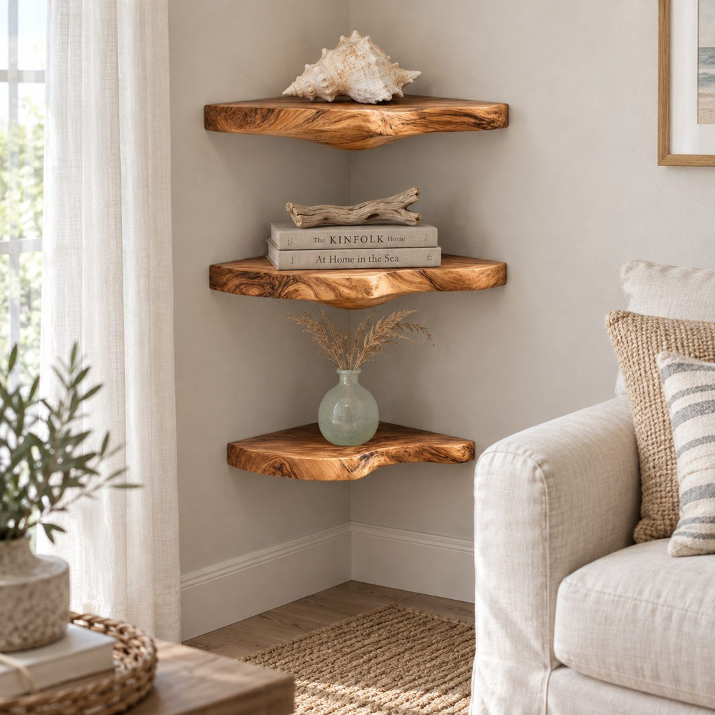 Cloud Corner Wall Shelf, Carved Solid Wood Floating Corner Shelf with Rounded Underside