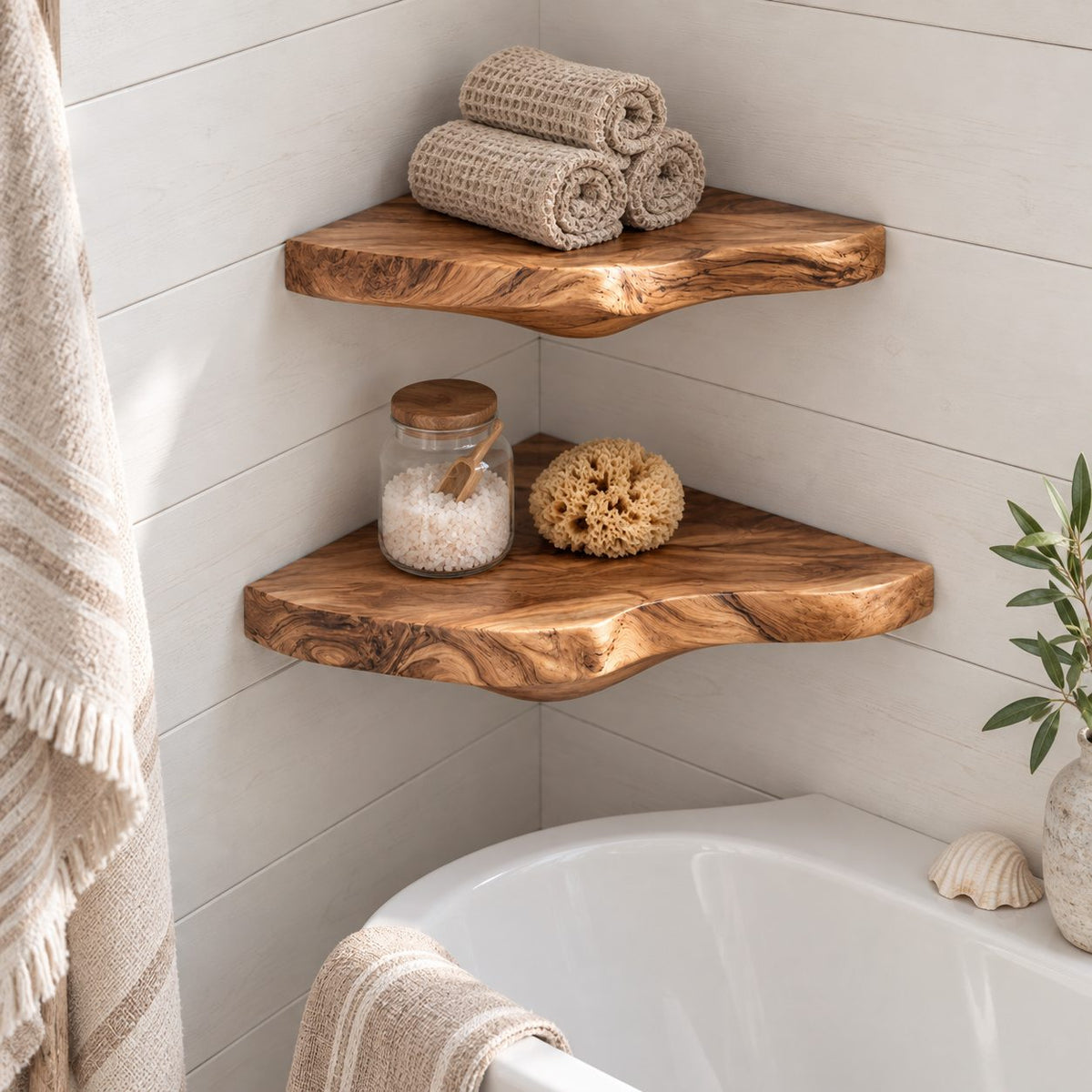 Cloud Corner Wall Shelf, Carved Solid Wood Floating Corner Shelf with Rounded Underside