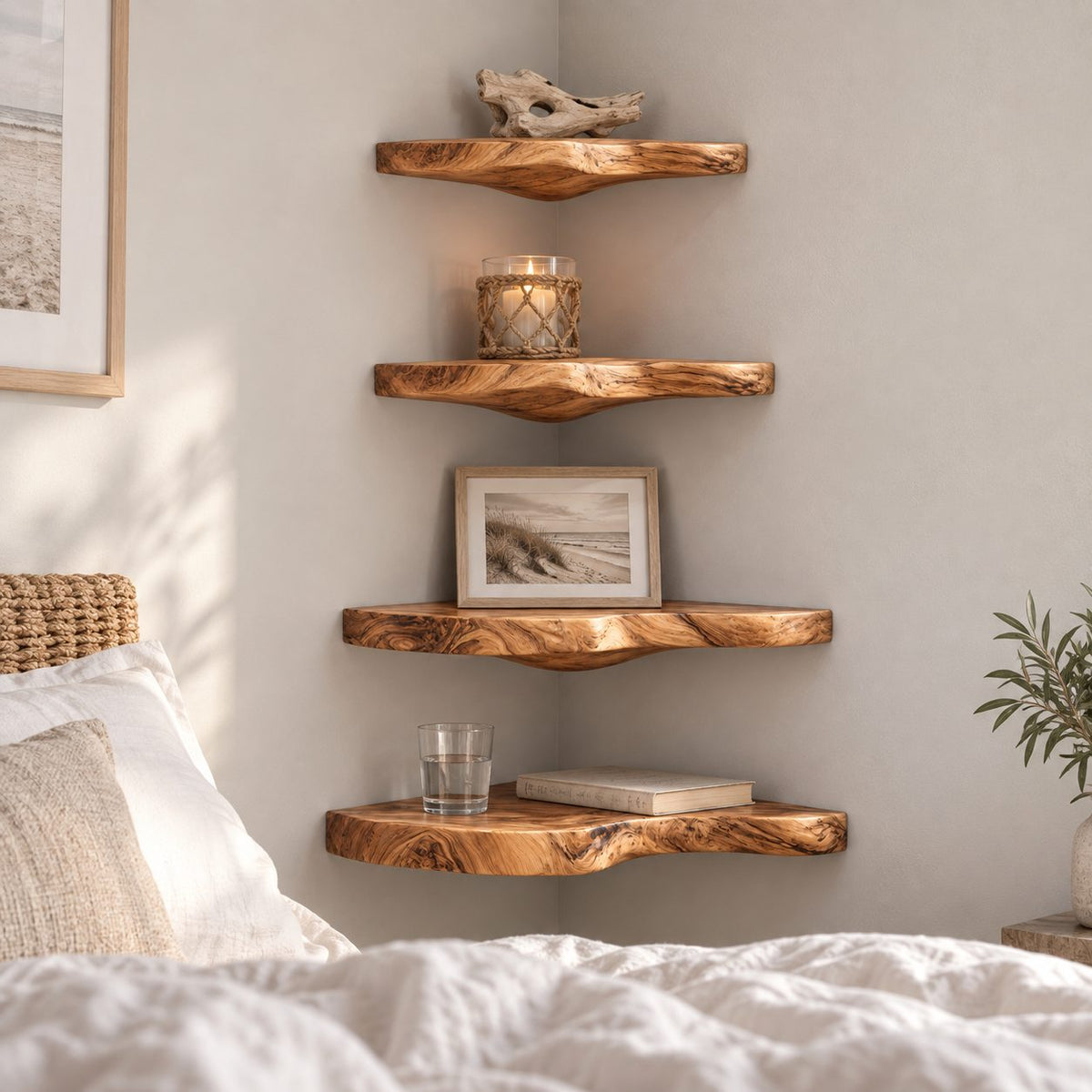 Cloud Corner Wall Shelf, Carved Solid Wood Floating Corner Shelf with Rounded Underside