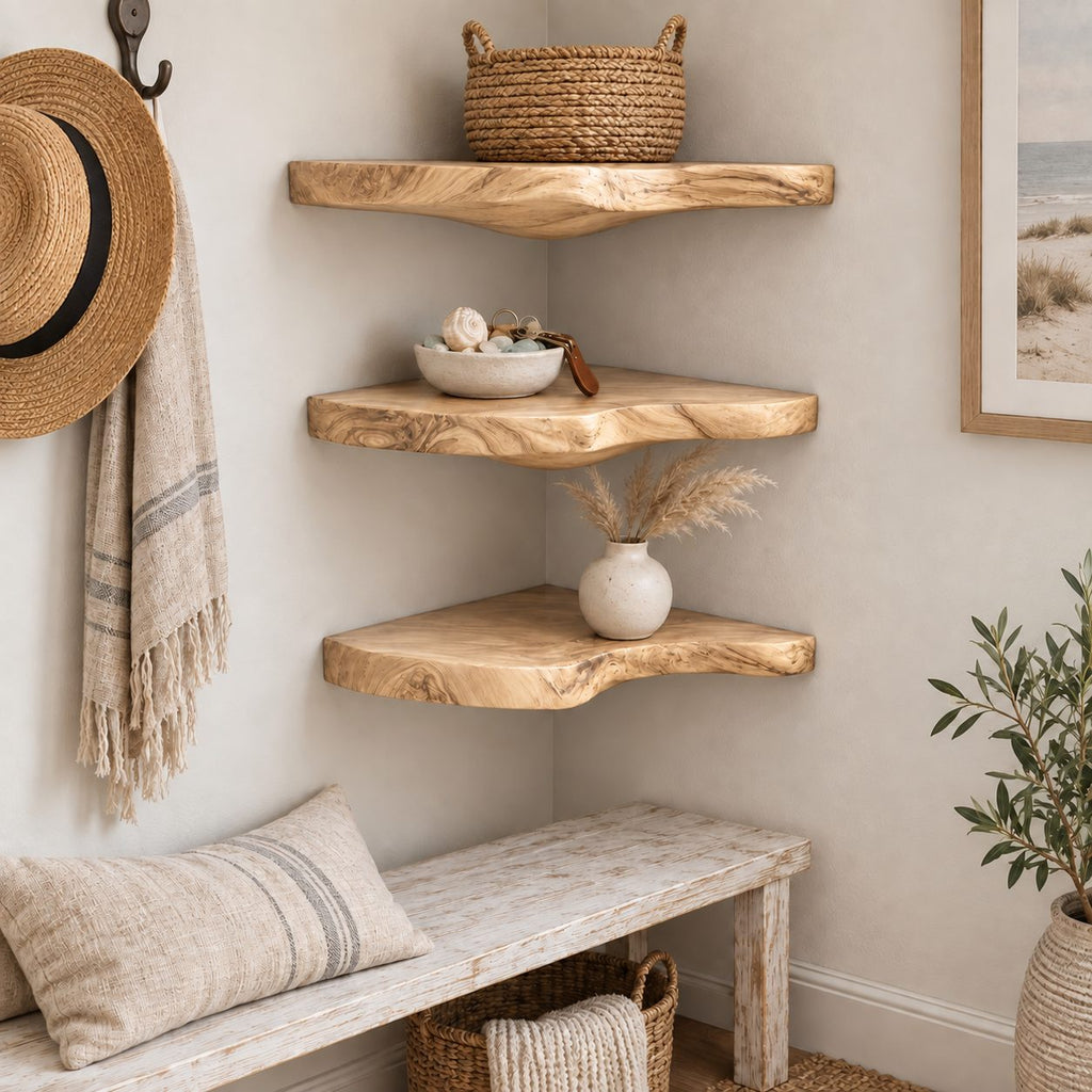 Cloud Corner Wall Shelf, Carved Solid Wood Floating Corner Shelf with Rounded Underside