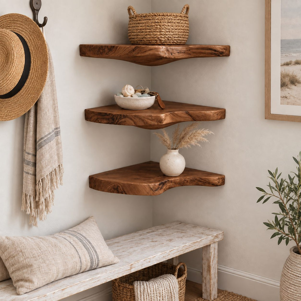 Cloud Corner Wall Shelf, Carved Solid Wood Floating Corner Shelf with Rounded Underside