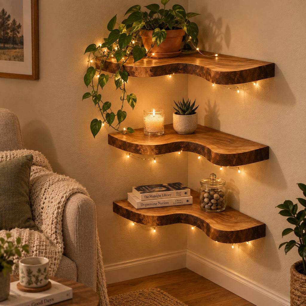 Wavy Corner Shelf, Thick Solid Wood Floating Corner Shelf with Bold S-Curve Front