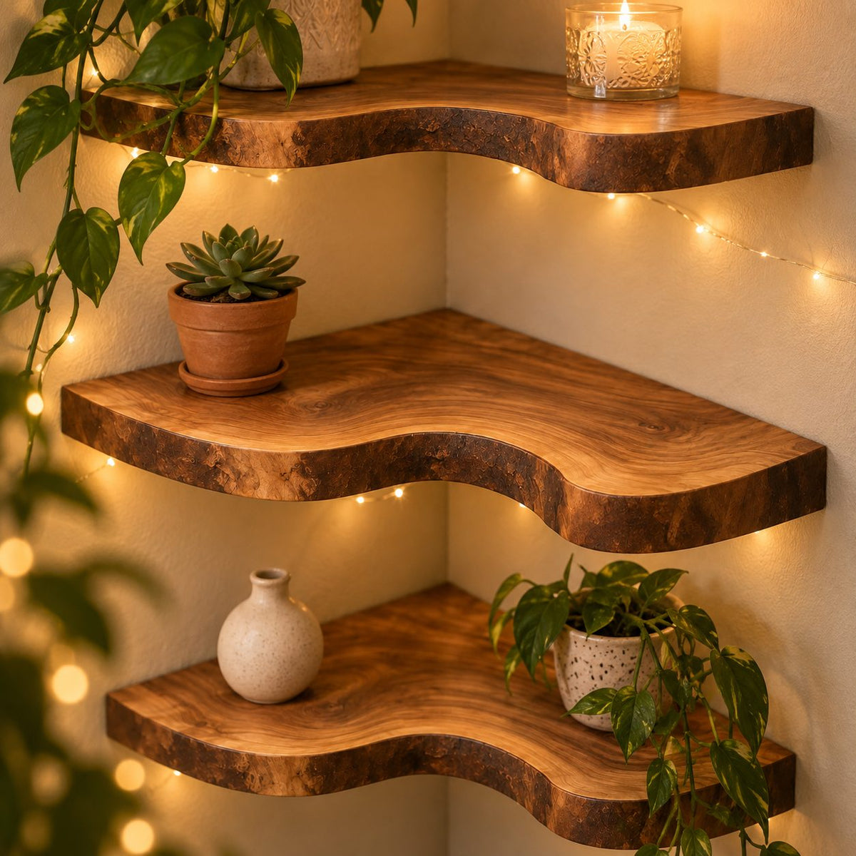 Wavy Corner Shelf, Thick Solid Wood Floating Corner Shelf with Bold S-Curve Front