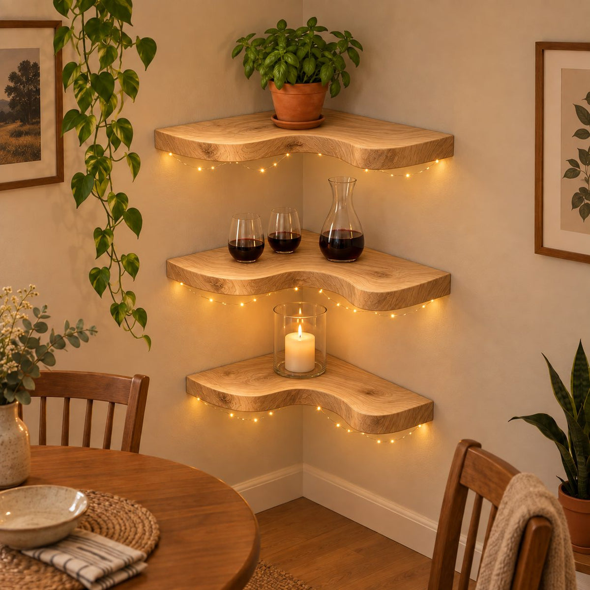 Wavy Corner Shelf, Thick Solid Wood Floating Corner Shelf with Bold S-Curve Front