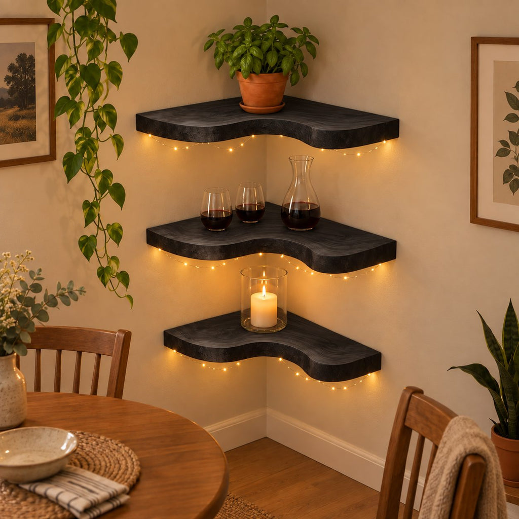 Wavy Corner Shelf, Thick Solid Wood Floating Corner Shelf with Bold S-Curve Front