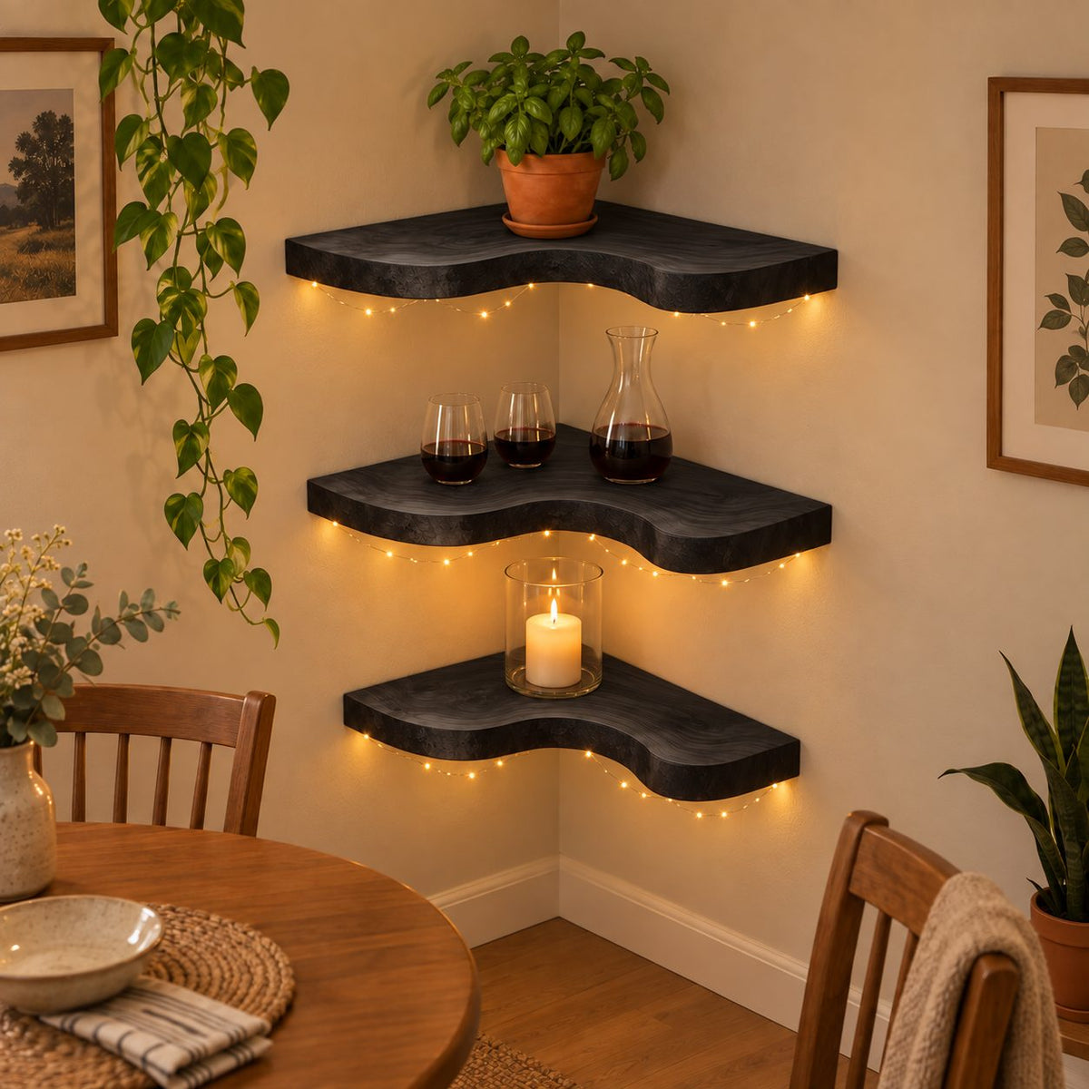 Wavy Corner Shelf, Thick Solid Wood Floating Corner Shelf with Bold S-Curve Front