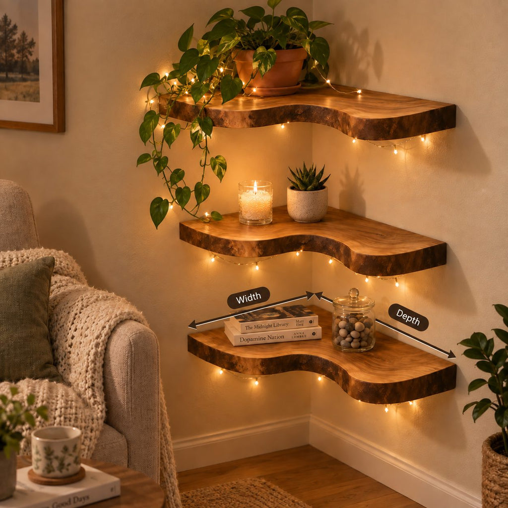 Wavy Corner Shelf, Thick Solid Wood Floating Corner Shelf with Bold S-Curve Front