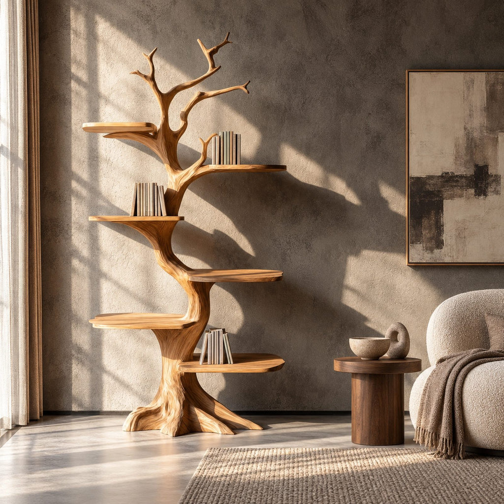 Rustic Tree Bookshelf With Five Tier Branch Shelves For Living Room