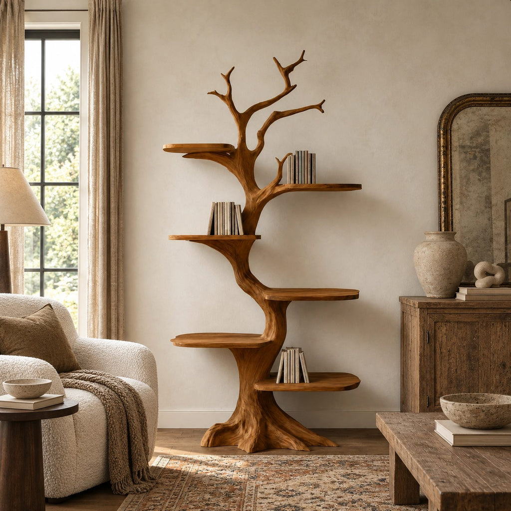 Rustic Tree Bookshelf With Five Tier Branch Shelves For Living Room