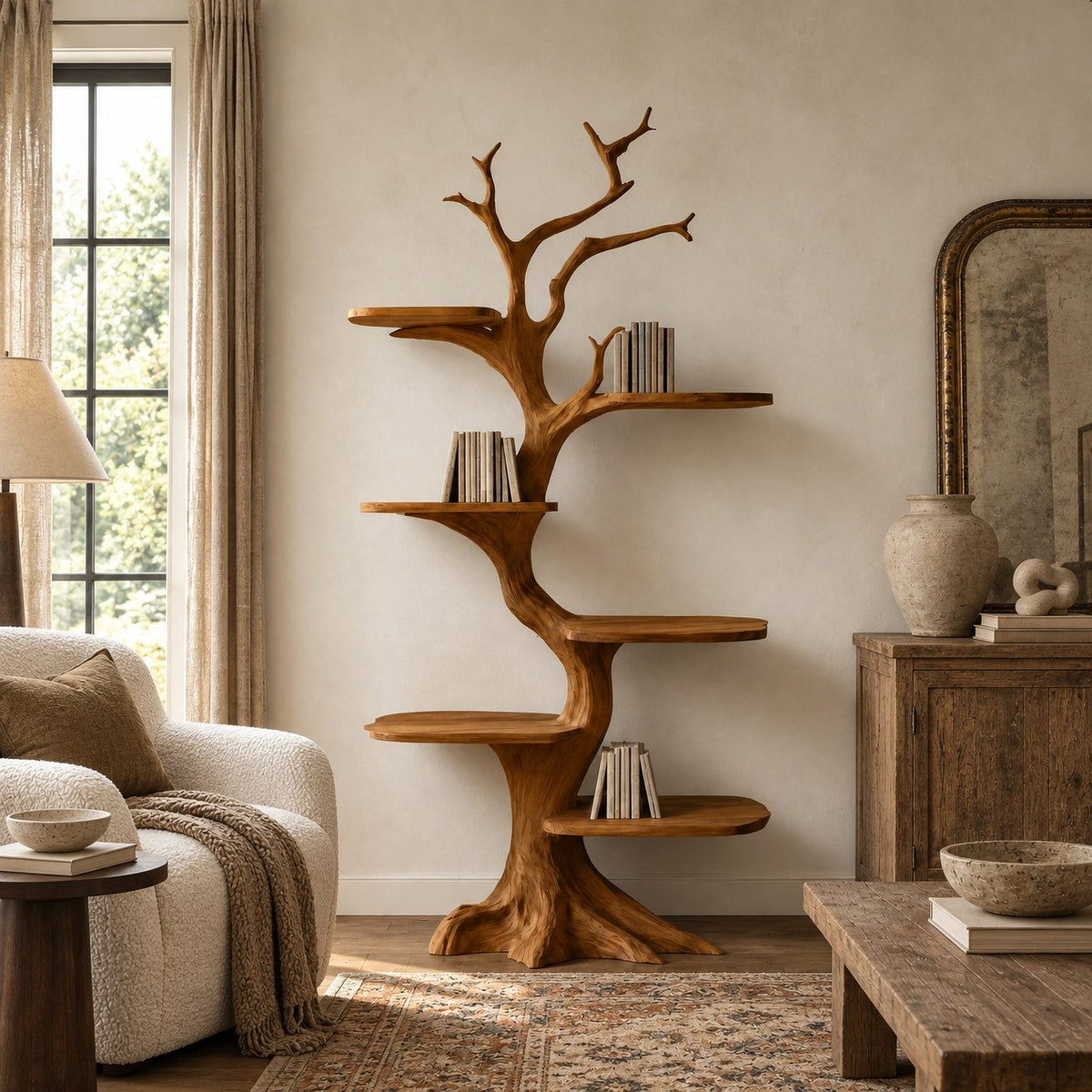 Rustic Tree Bookshelf With Five Tier Branch Shelves For Living Room