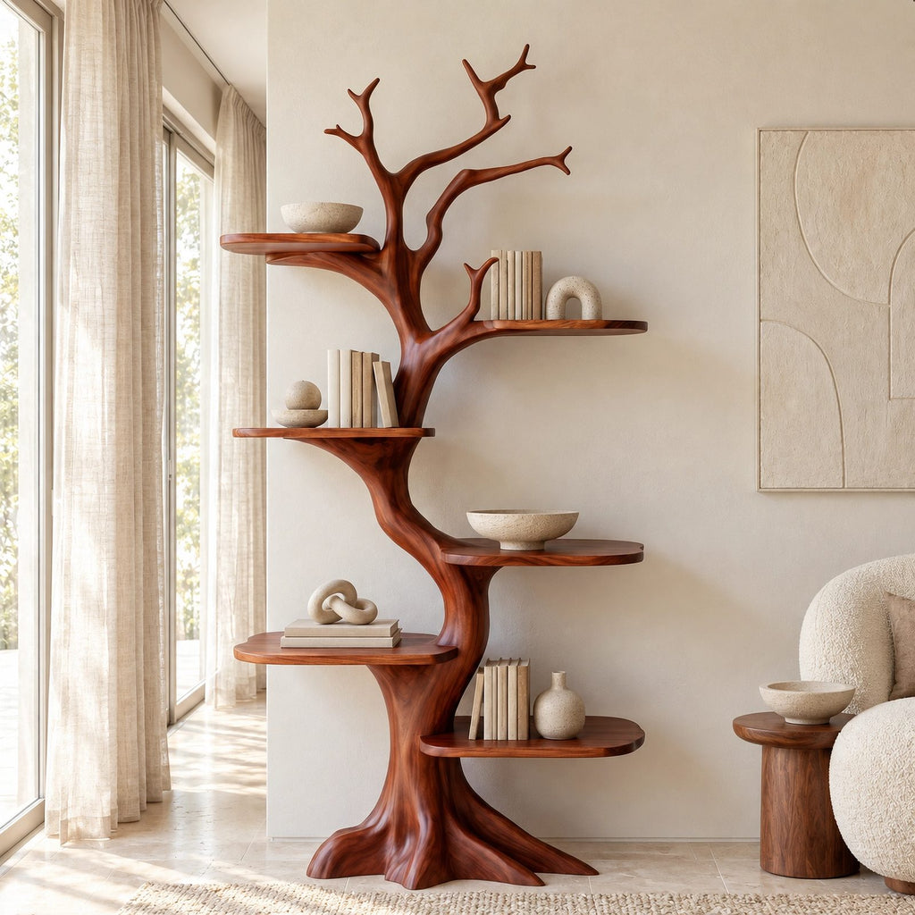 Rustic Tree Bookshelf With Five Tier Branch Shelves For Living Room