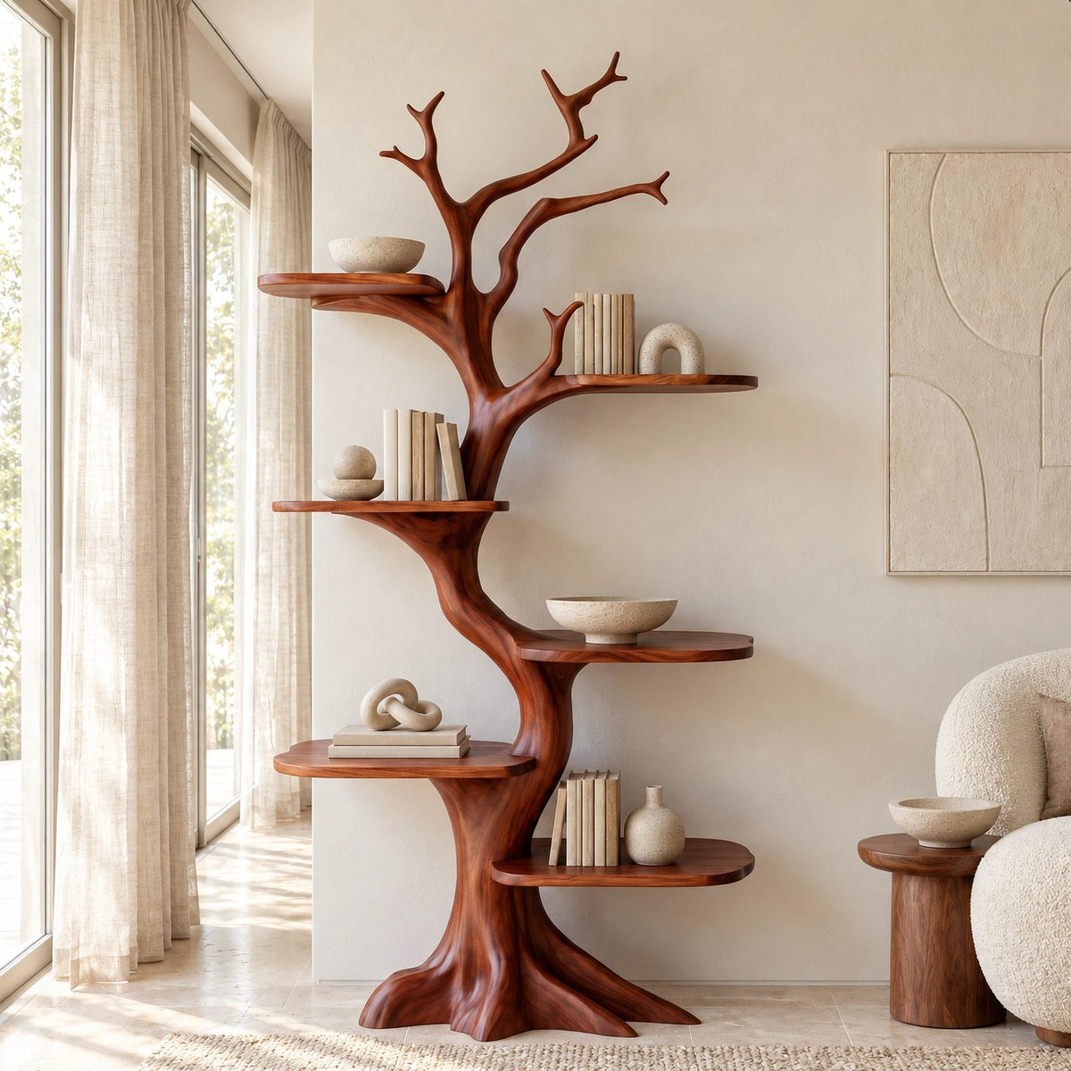 Rustic Tree Bookshelf With Five Tier Branch Shelves For Living Room