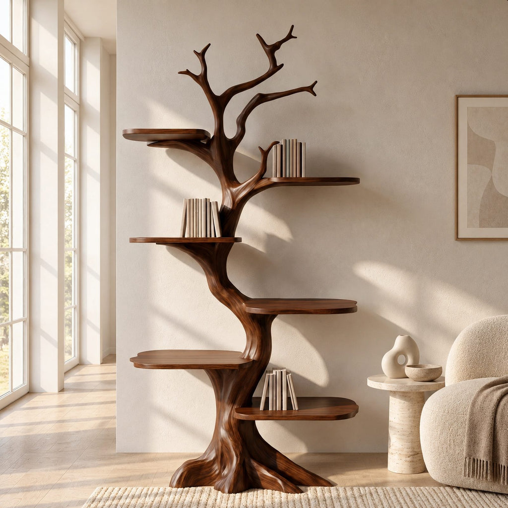 Rustic Tree Bookshelf With Five Tier Branch Shelves For Living Room