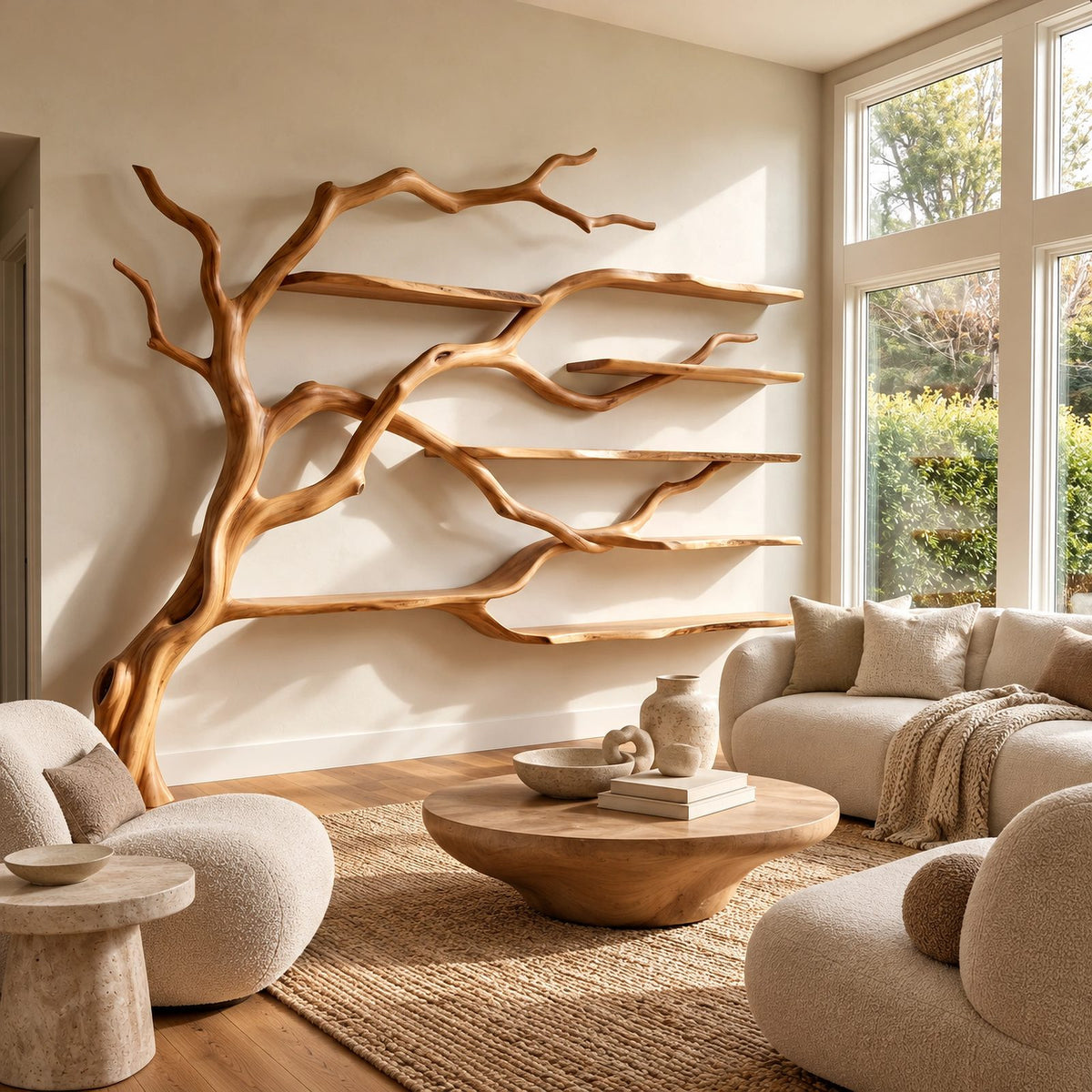 Contemporary Wall Tree Bookshelf With Wide Branch Span For Living Room