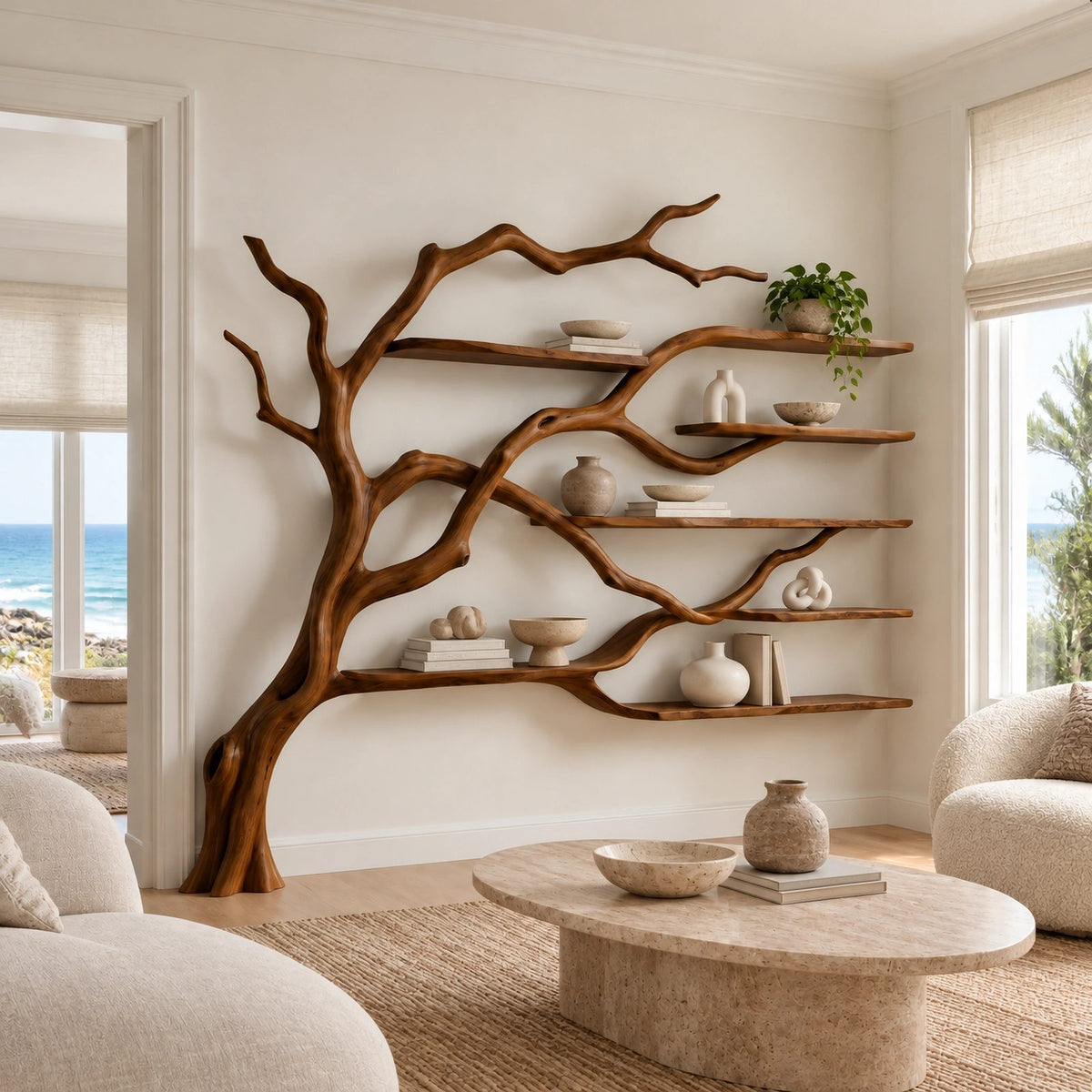 Contemporary Wall Tree Bookshelf With Wide Branch Span For Living Room
