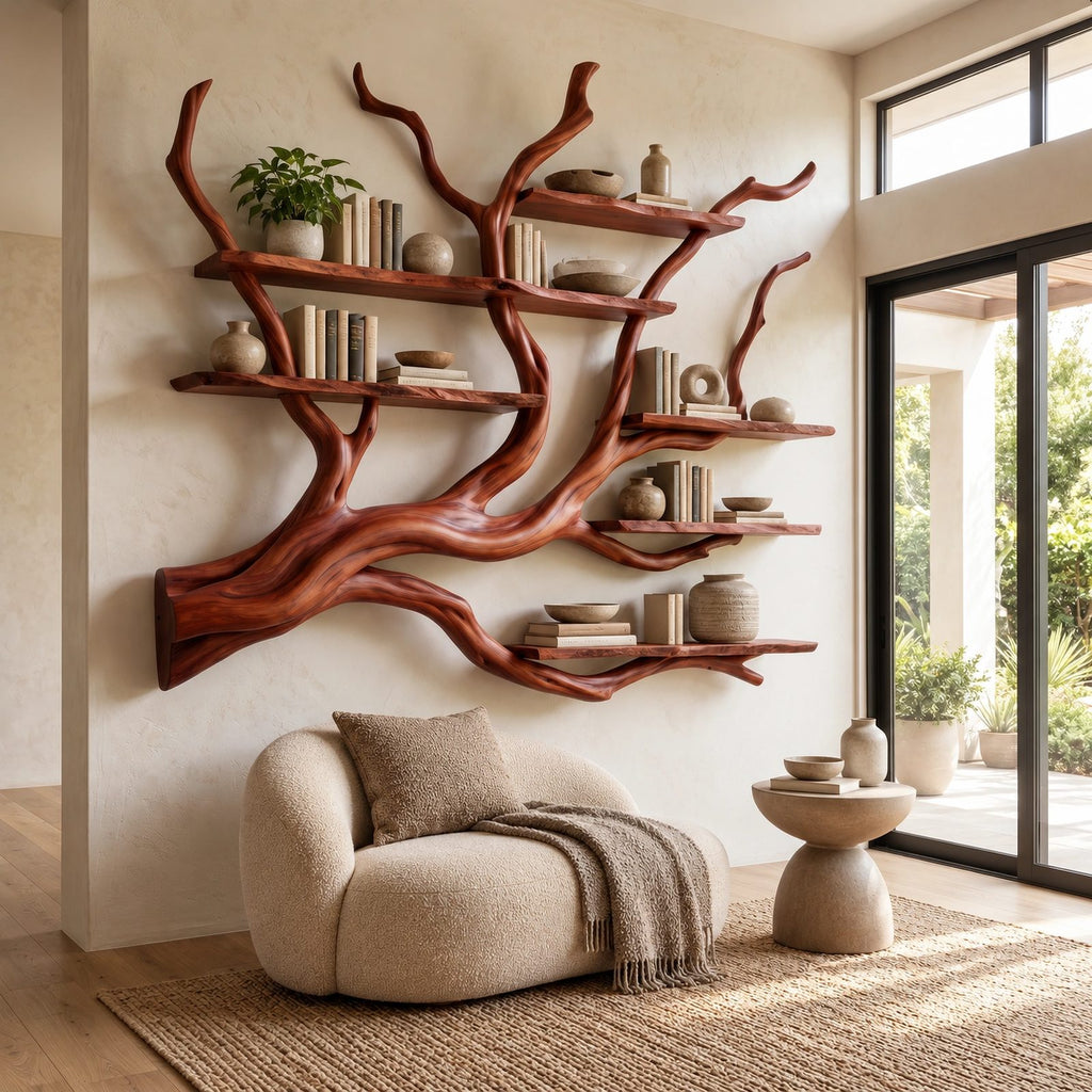 Modern Floating Tree Bookshelf With Arched Branch Shelves For Living Room