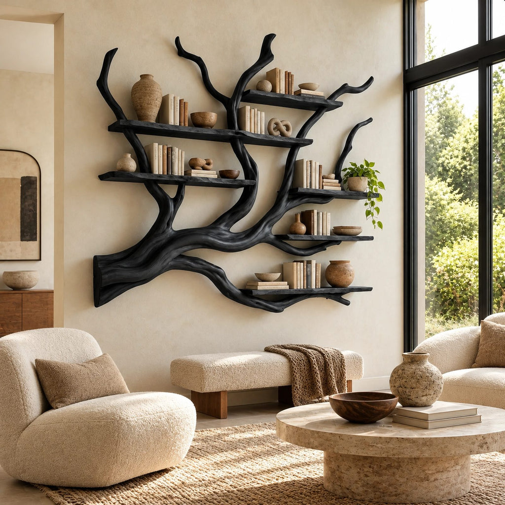 Modern Floating Tree Bookshelf With Arched Branch Shelves For Living Room