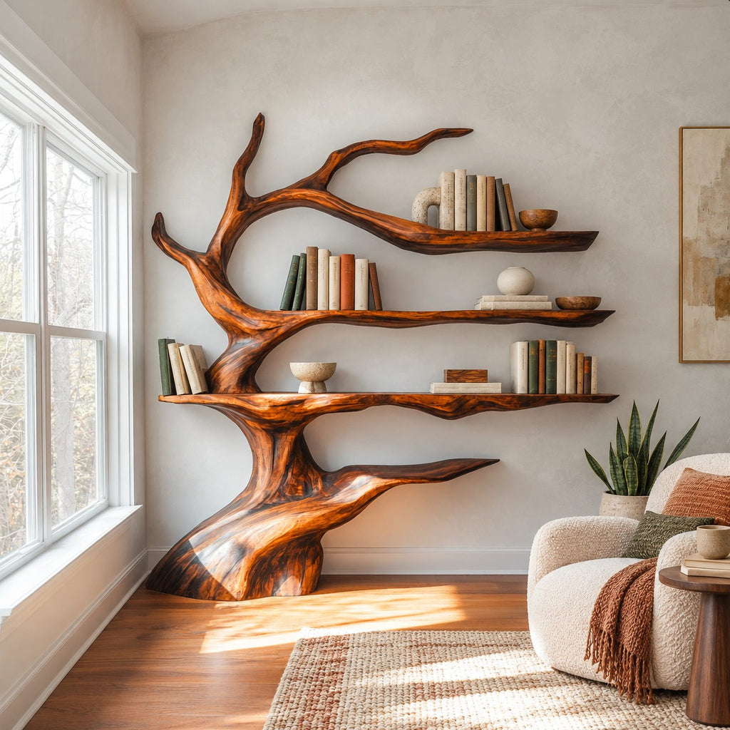 Sculptural Tree Bookshelf With Winding Trunk Shelves For Living Room