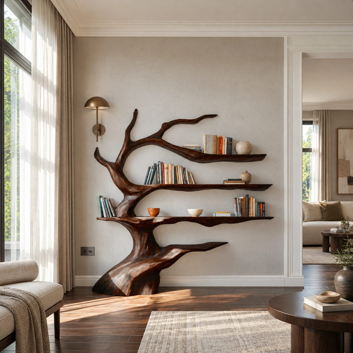 Sculptural Tree Bookshelf With Winding Trunk Shelves For Living Room