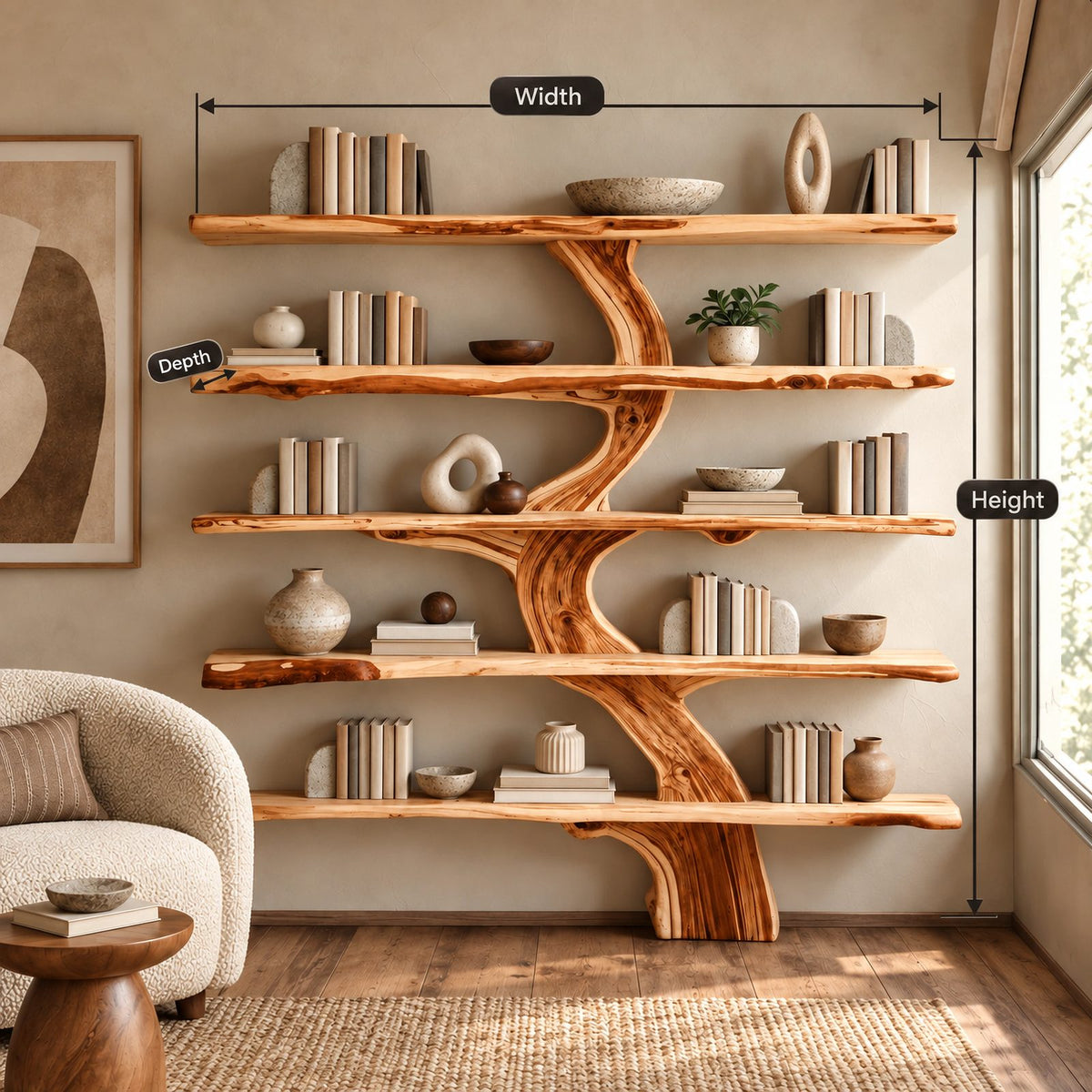 Live Edge Tree Bookshelf With Natural Branch Shelves For Living Room