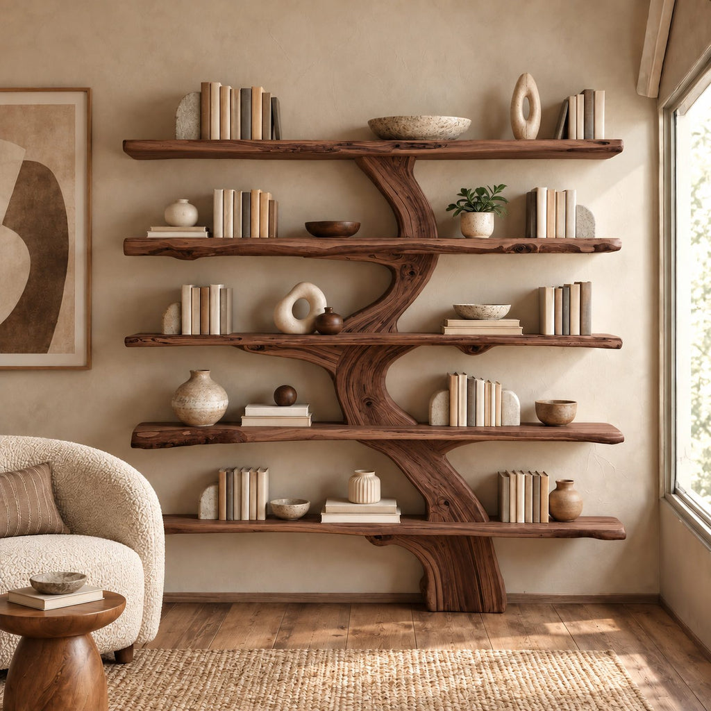 Live Edge Tree Bookshelf With Natural Branch Shelves For Living Room