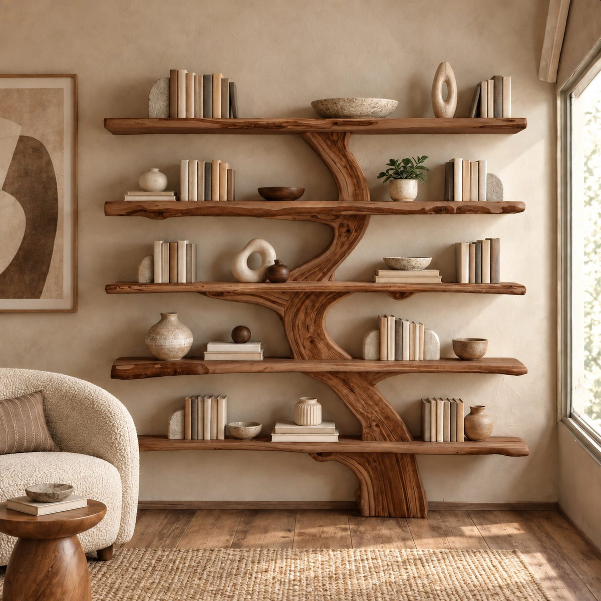 Live Edge Tree Bookshelf With Natural Branch Shelves For Living Room