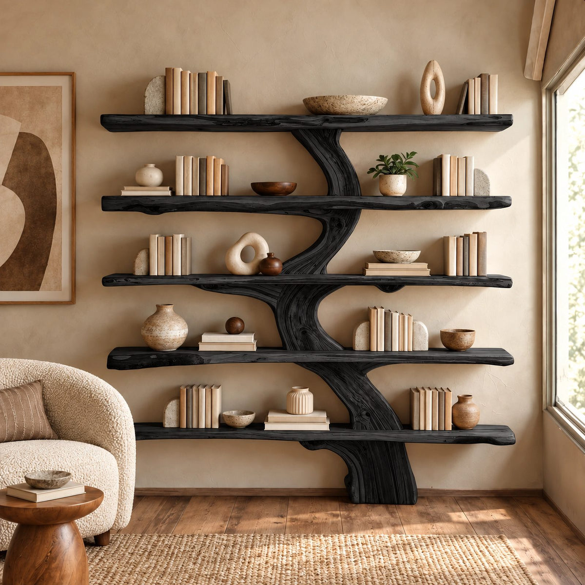 Live Edge Tree Bookshelf With Natural Branch Shelves For Living Room