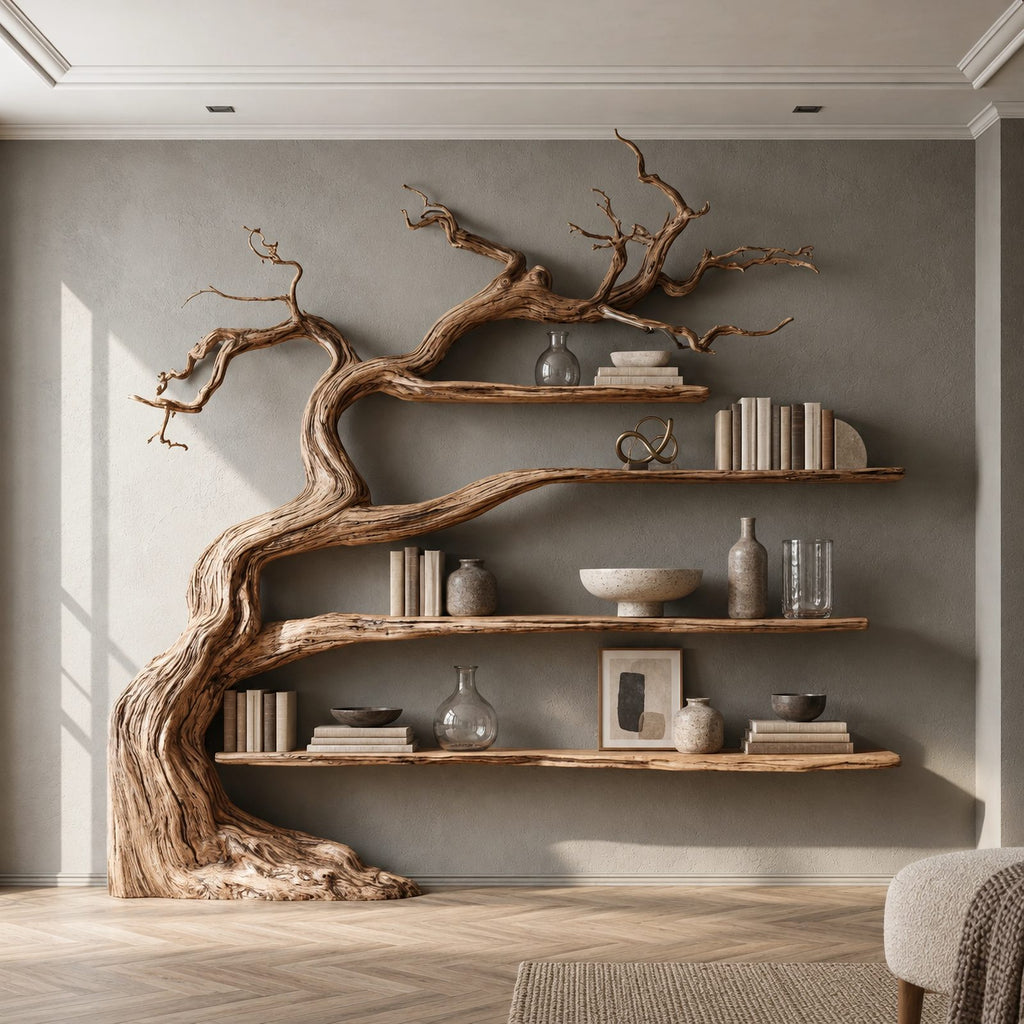 Minimalist Driftwood Tree Bookshelf With Sculpted Branch Form
