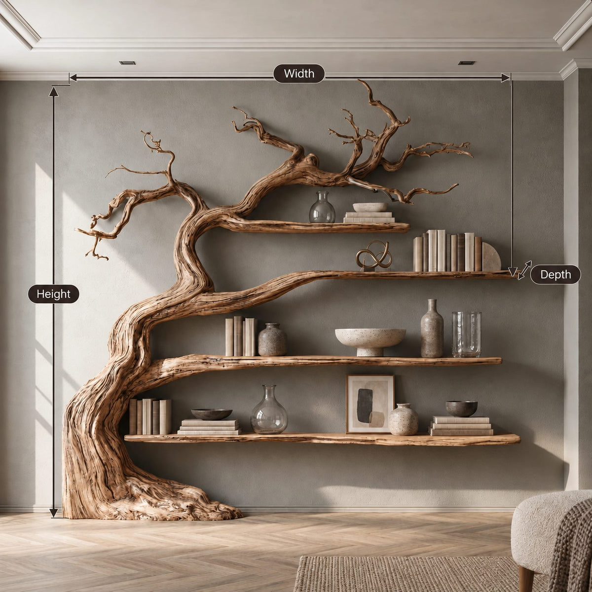 Minimalist Driftwood Tree Bookshelf With Sculpted Branch Form