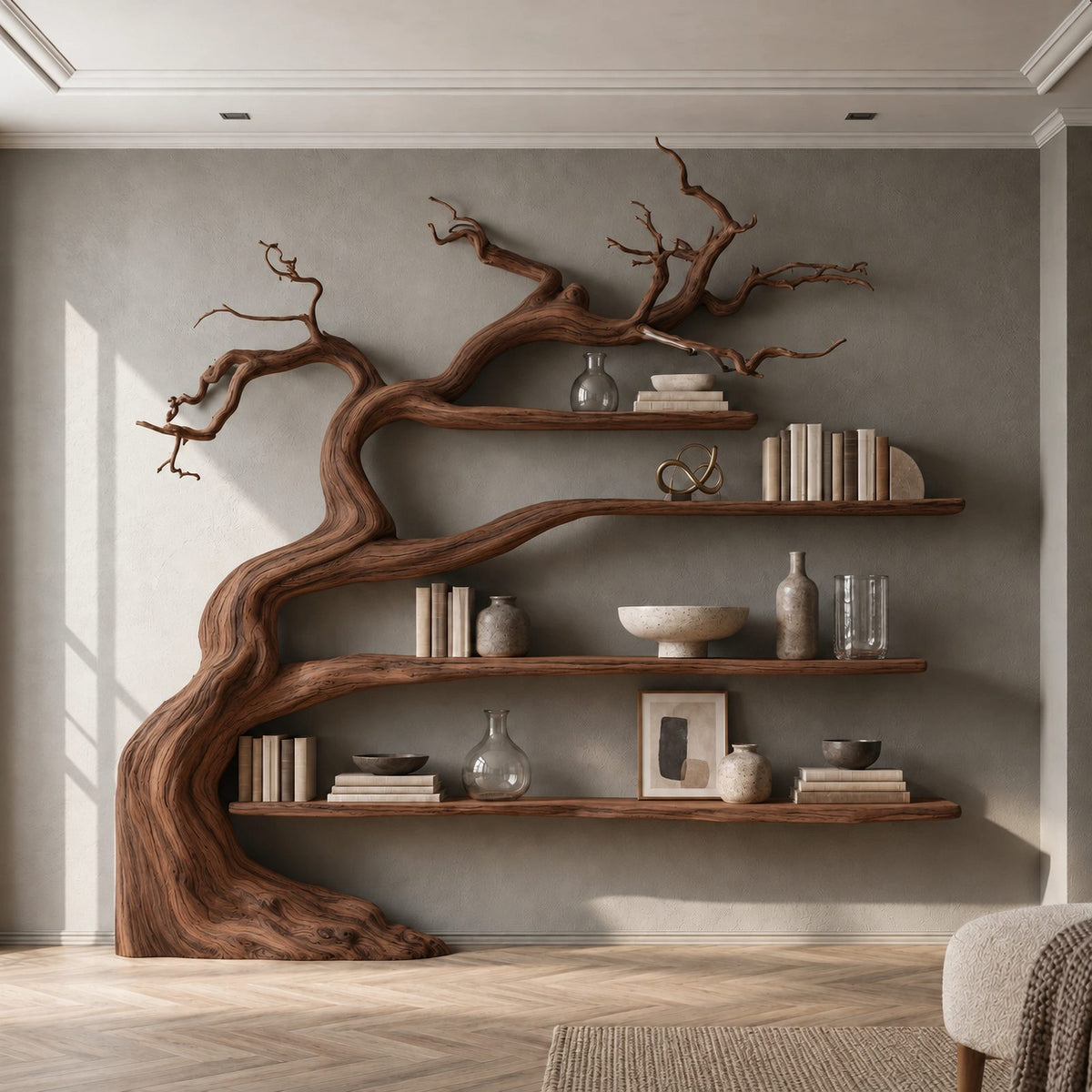 Minimalist Driftwood Tree Bookshelf With Sculpted Branch Form