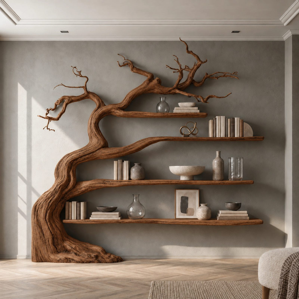 Minimalist Driftwood Tree Bookshelf With Sculpted Branch Form