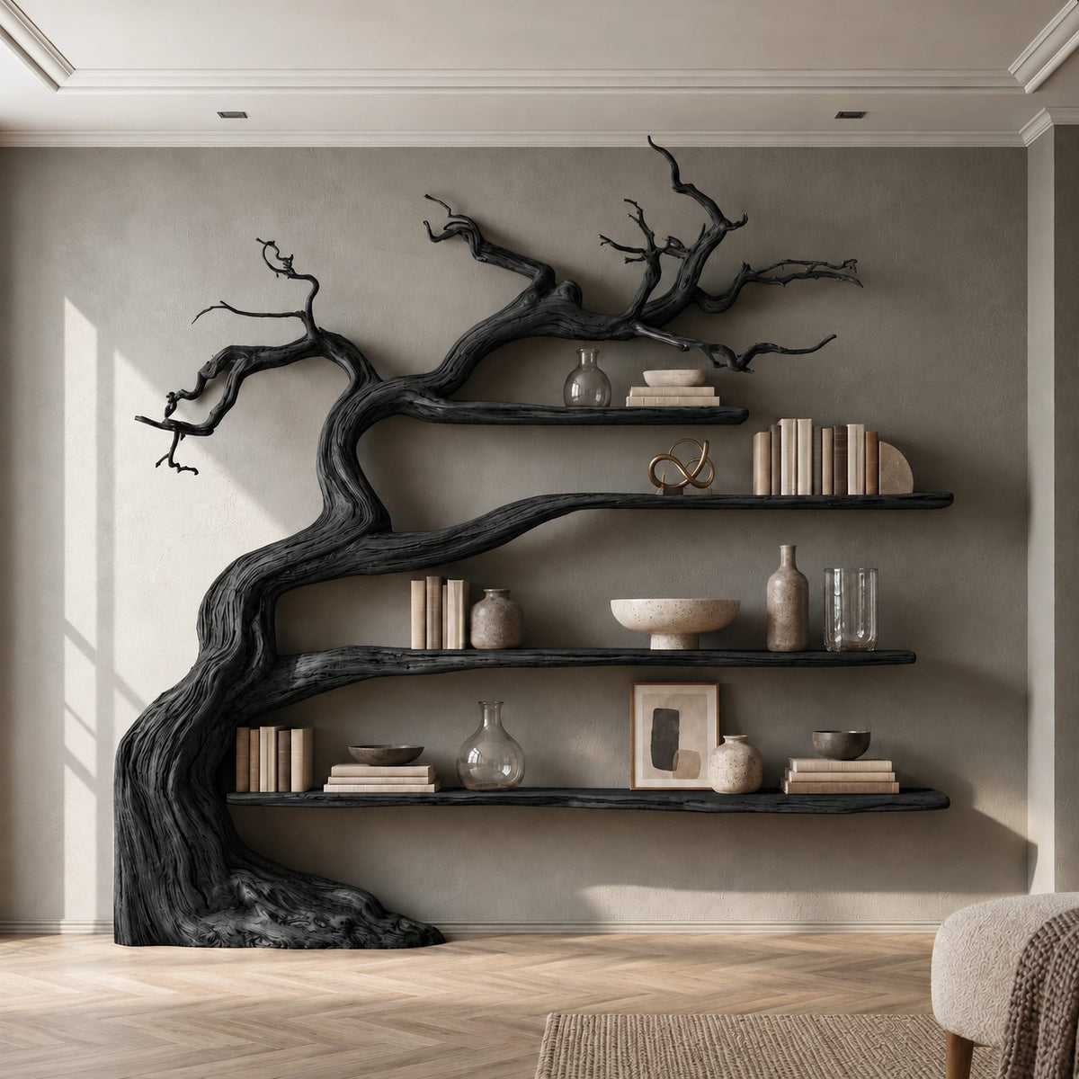 Minimalist Driftwood Tree Bookshelf With Sculpted Branch Form