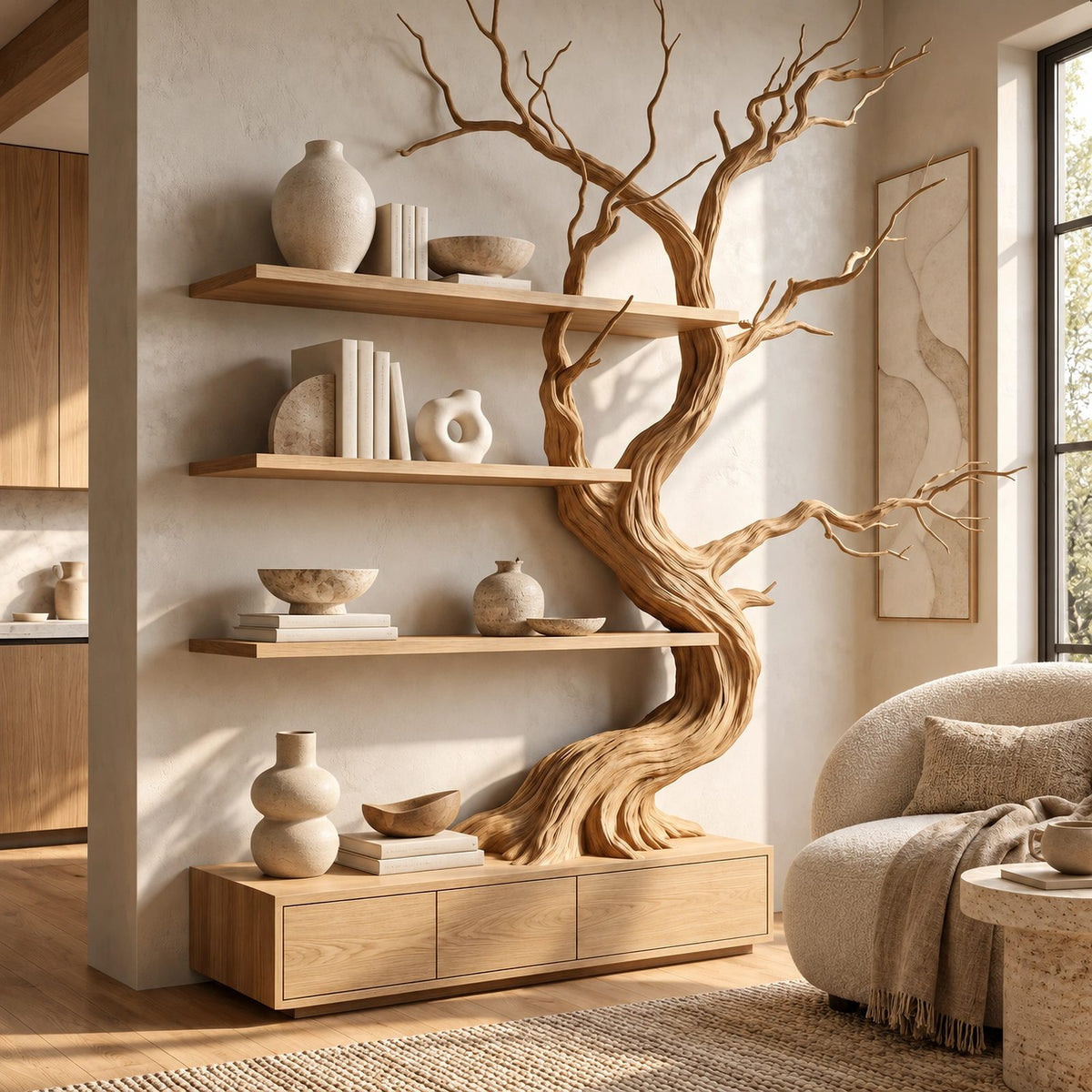 Handcrafted Tree Bookshelf With Built In Storage Drawers For Living Room