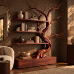 Handcrafted Tree Bookshelf With Built In Storage Drawers For Living Room