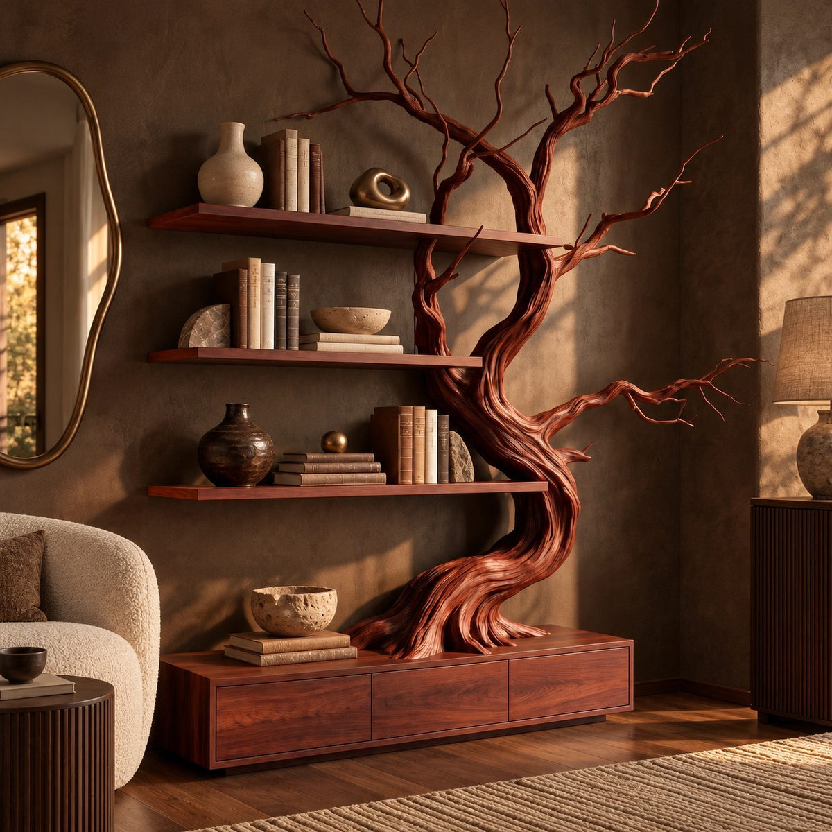 Handcrafted Tree Bookshelf With Built In Storage Drawers For Living Room