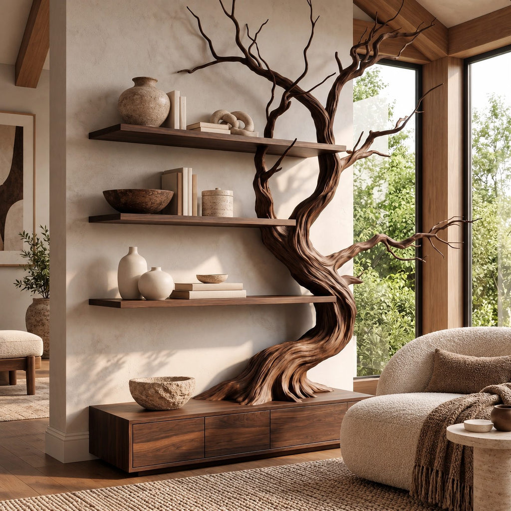 Handcrafted Tree Bookshelf With Built In Storage Drawers For Living Room