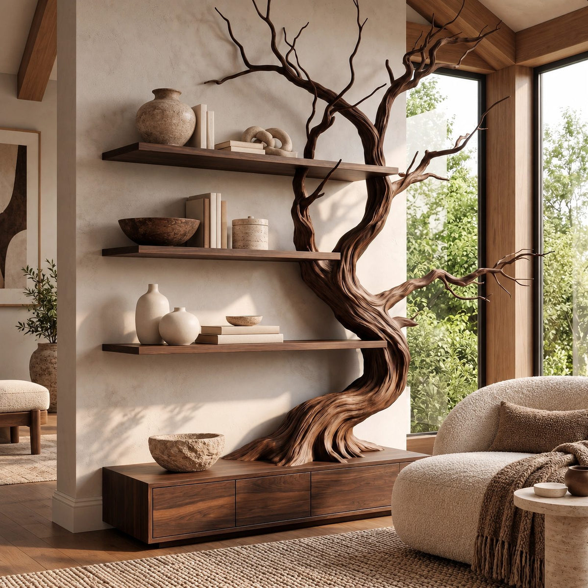 Handcrafted Tree Bookshelf With Built In Storage Drawers For Living Room