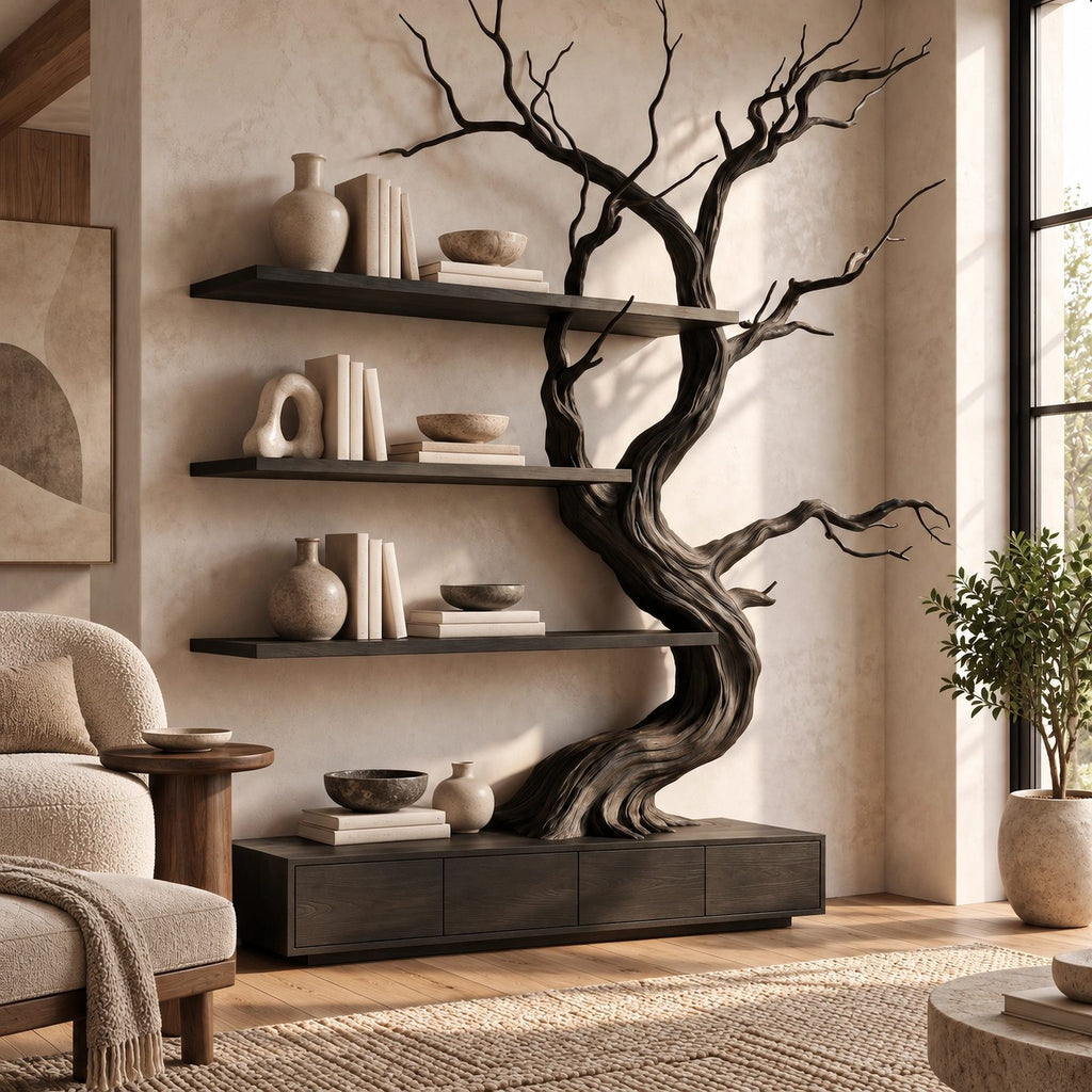 Handcrafted Tree Bookshelf With Built In Storage Drawers For Living Room