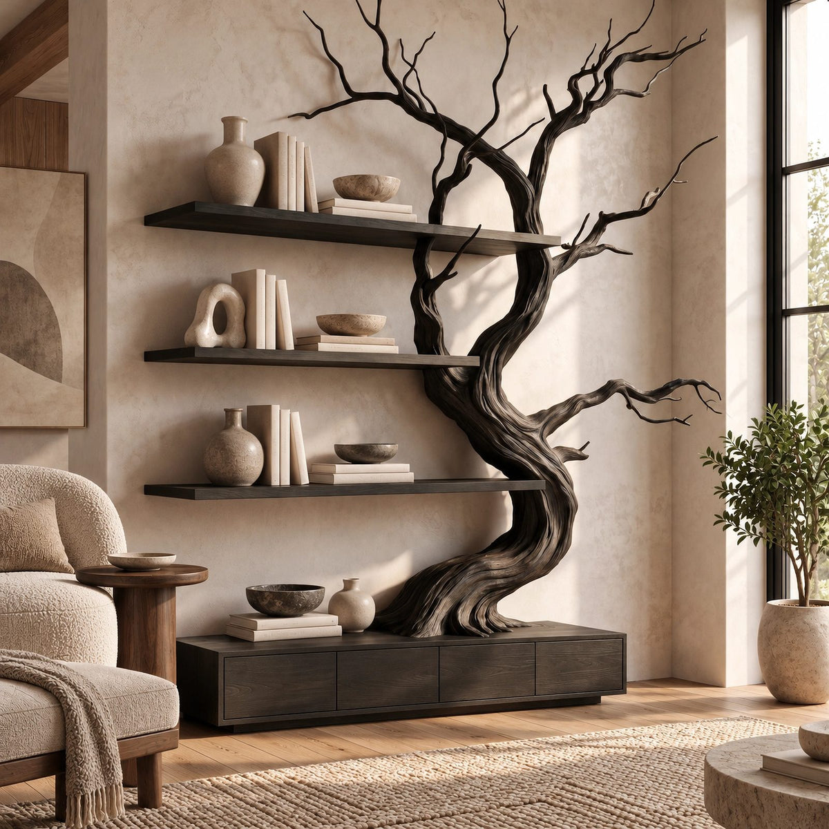 Handcrafted Tree Bookshelf With Built In Storage Drawers For Living Room