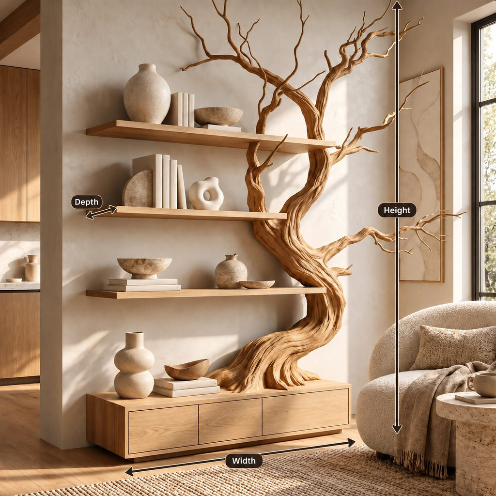 Handcrafted Tree Bookshelf With Built In Storage Drawers For Living Room