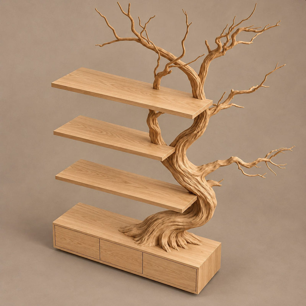 Handcrafted Tree Bookshelf With Built In Storage Drawers For Living Room