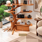 Farmhouse Solid Wood Tree Bookshelf With Rooted Drawer Base For Living Room