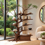 Farmhouse Solid Wood Tree Bookshelf With Rooted Drawer Base For Living Room