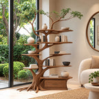 Farmhouse Solid Wood Tree Bookshelf With Rooted Drawer Base For Living Room