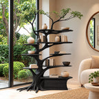 Farmhouse Solid Wood Tree Bookshelf With Rooted Drawer Base For Living Room