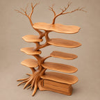 Farmhouse Solid Wood Tree Bookshelf With Rooted Drawer Base For Living Room